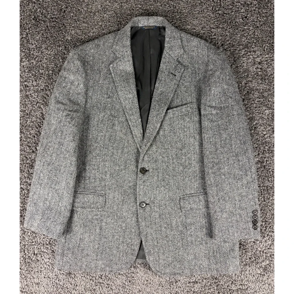 Brooks Brothers Harris Tweed Herringbone Wool Blazer Grey Madison Fit 42S Mens